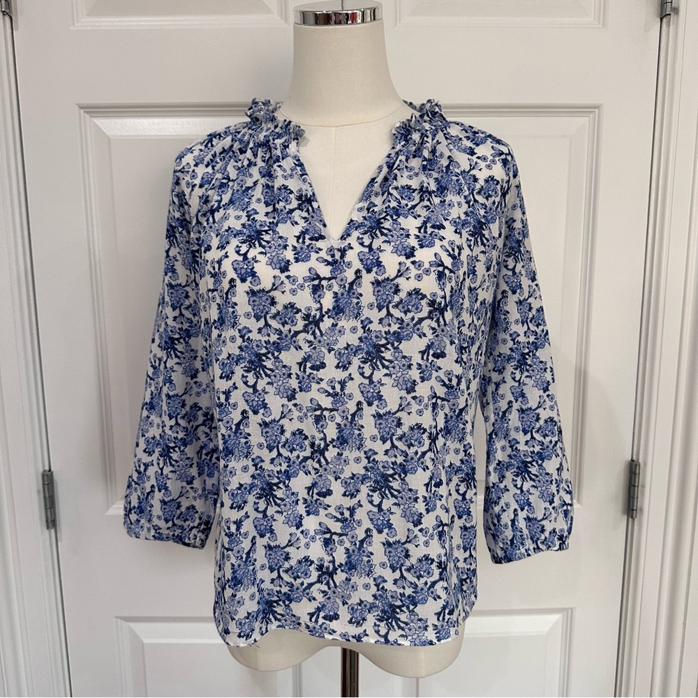 Rebecca Taylor Cotton Floral Blue White Smocked Ruffle Boho V-Neck Blouse Size 2 - Picture 1 of 10